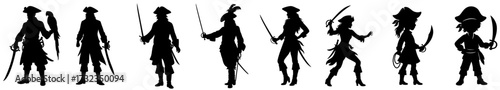 Pirate silhouettes set — pirates with parrot, feathered hat, sabre, cutlass, rope, female fighters and captain