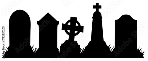 Old stone cemetery tombstones with celtic cross and granite grave markers in overgrown grass, silhouette for Halloween and horror