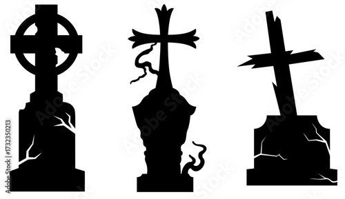 Haunted grave crosses collection — gothic tombstones with cracks, snakes and broken stone silhouettes for cemetery and Halloween design