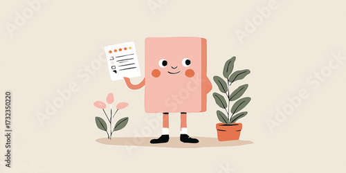 A whimsical illustration of a charming figure joyfully displaying a document with rating. A fun and colorful cartoon, perfect for projects needing a lighthearted feel.