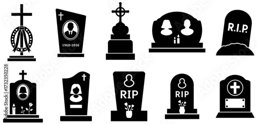 Cemetery headstone silhouette set – gravestones with crosses, memorial tombs with portraits and candles, RIP monuments for funeral, remembrance and Halloween design