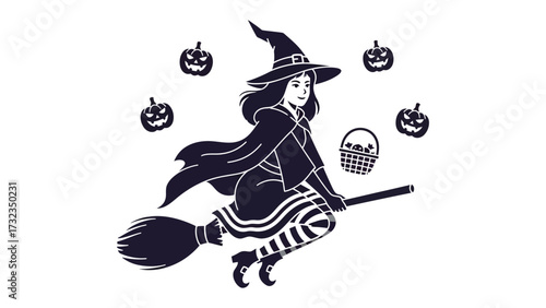 Enchanting Halloween Witch Silhouette: A bewitching illustration captures a whimsical witch in mid-flight on a broom.