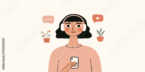 A modern illustration of a woman immersed in her audio and social media. This scene conveys a sense of ease and digital connection, set against a soft background. 