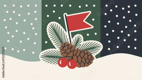 Winter scene with pine cones flag and berries on snowy ground in front of a snowy background panel