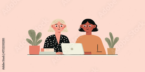 Two friends, sharing ideas, with a cheerful laptop, enhancing camaraderie, and cultivating creativity and productivity.