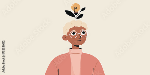 A thoughtful individual contemplates an idea with a lightbulb, symbolizing inspiration, innovation, and the power of thought.