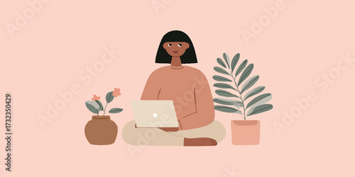 A serene woman surrounded by houseplants, engrossed in her laptop, the scene radiating tranquility and focus, creating an environment of calm and productivity.