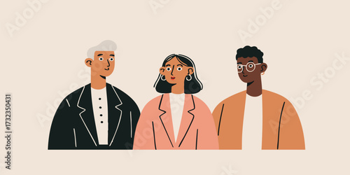 A diverse trio of business professionals stand in harmony, each embodying unique traits in a modern art style. Showing the value of teamwork and diverse ideas.