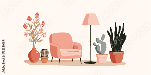 Cozy interior with a plush armchair, a floor lamp, and several potted plants creating a warm and inviting atmosphere.