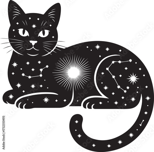 Mystical black cat silhouette adorned with stars and constellations