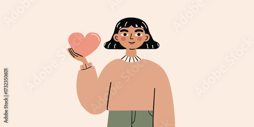 A graphic illustration of a woman radiates love, kindness, and compassion, holding a pink heart in her hand, her face expresses love, care and serenity.