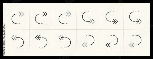 Outline circular and curved arrow icon set. Direction, navigation, downward, reload, clockwise, turn down, turn left, upward and more.