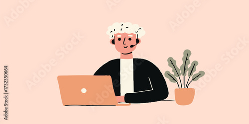 An illustration of a person, focused on providing assistance. Depicted in this modern and illustrative style, the individual is engrossed in their task.