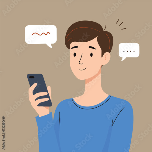illustration man holding phone flat art, interactions on mobile phones
