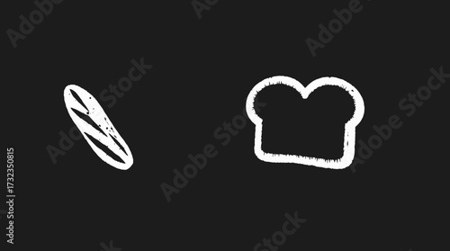 Simple line art depicting a slice of bread and a surfboard against a dark background.