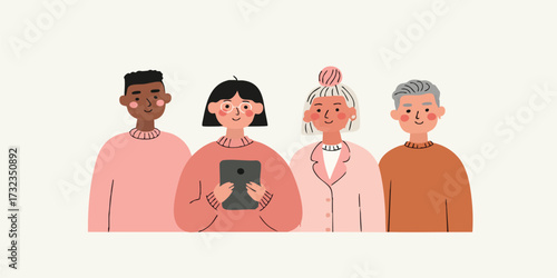 A diverse group of people, united by a common experience, look forward in a illustration. The illustration is full of character and vibrancy.