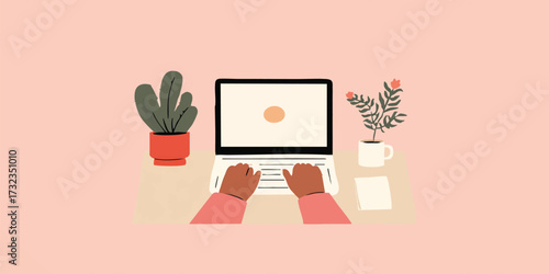 A cozy, minimalist workspace comes to life, showcasing a pair of hands typing on a laptop, with the addition of potted plants. It is a visual of contemporary work setting and home life integration.