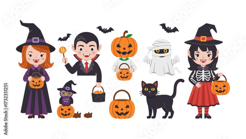 Whimsical Halloween Gathering: A delightful collection of whimsical Halloween characters, including witches, vampires, pumpkins, ghosts, and a black cat, ready for a night of spooky fun.