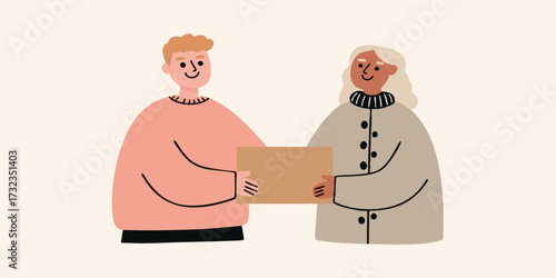 A kind individual hands a package to another, fostering a moment of connection and exchange. It's a simple yet poignant scene of generosity and community spirit.