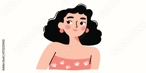 A young woman, radiant with beauty, stands with a smile and a delicate flower pattern. Capturing elegance and natural charm.