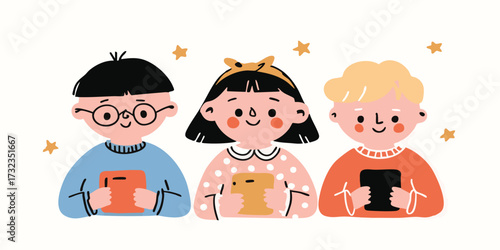 Three young individuals are holding their reading books. With a smile. They enjoy reading. the illustration is crafted in a playful and inviting style, suitable for educational materials.