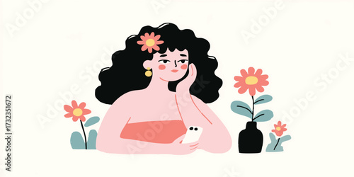 A pensive woman surrounded by blossoms, contemplating or lost in thought, a tender portrayal of reflection and introspection.