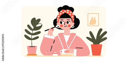 A charming illustration showcases a young woman in the middle of her morning makeup routine, complete with a touch of the artwork and a relaxing atmosphere.