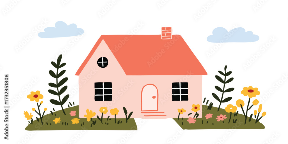 Fototapeta premium A charming cartoon illustration of a quaint house with a vibrant garden in full bloom. This image exudes warmth and inviting charm, suitable for a variety of creative endeavors.