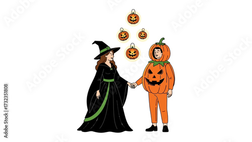 Halloween Duo: A witch and a pumpkin-headed figure standing together, as carved pumpkins float above them, depicting a festive scene of fun and spooky imagination.