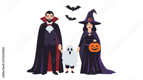 Halloween Family Fantasy: A creatively stylized family portrait brings the spooky joy of Halloween to life. In this illustration.