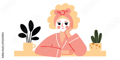 A woman enjoys self-care, with a serene expression, resting her head on her hand, surrounded by potted plants, her hair wrapped in a bow, showcasing a moment of peacefulness and wellness.