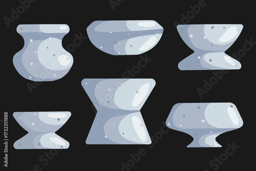 Vector collection of white marble stone candle holders on black background, modern decorative set.