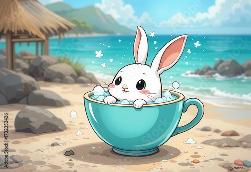 Coastal Calm  Cute Bunny Soaking in Turquoise Teacup, Beach Background, Cartoon Illustration Style
