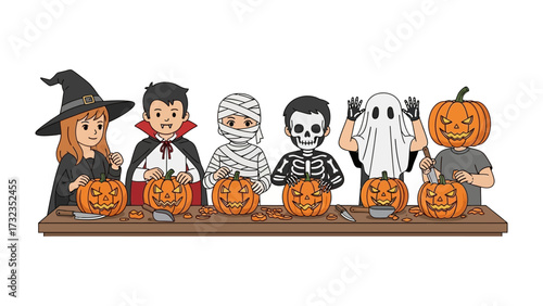 Carving Halloween: A group of children, each in creative costumes, engage in the tradition of carving pumpkins, illuminated by the Halloween spirit.