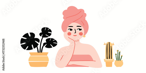 A serene woman in a spa setting, embodying relaxation, wellness, and self-care, complemented by houseplants for a tranquil and refreshing atmosphere.