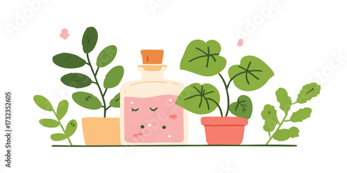 An adorable illustrated display with diverse potted plants and a magical potion bottle on a shelf. The scene showcases the harmony of nature.