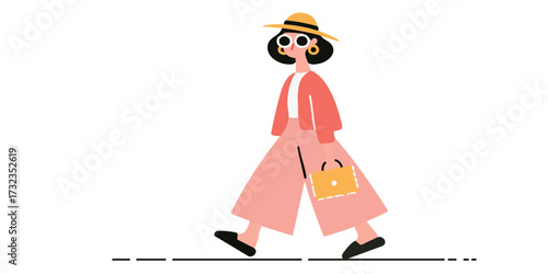A stylish woman strides confidently, embodying a sense of fashion-forward sophistication, with a hint of relaxed elegance.