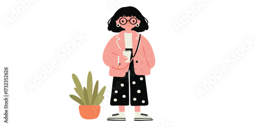 A stylish and confident young woman with glasses stands next to a potted plant, exuding effortless chic and contemporary charm, epitomizing modern fashion.