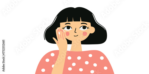 A charming young woman indulges in self-care, gently touching her cheek with her hand in a close-up, capturing a sense of tranquility and well-being.