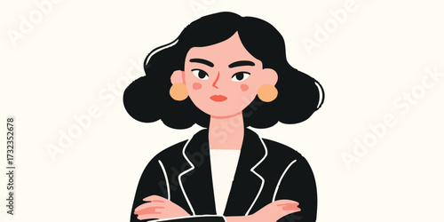 A confident, modern woman with folded arms exudes a sense of competence and capability. Dressed in a sharp blazer. This illustration captures a spirit of empowerment and professional focus.