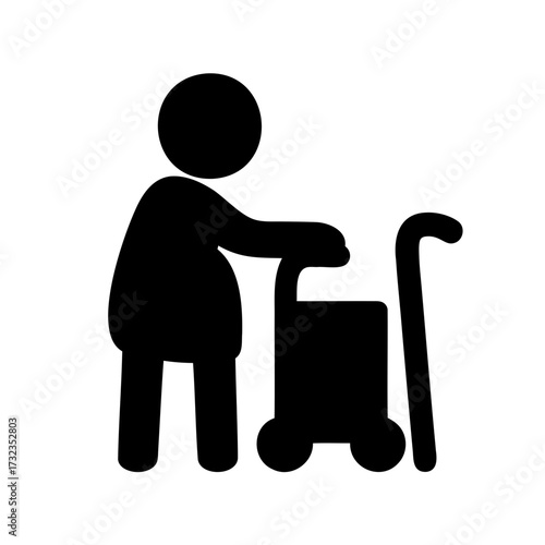 Iconic depiction of senior using mobility walker with assistance cane