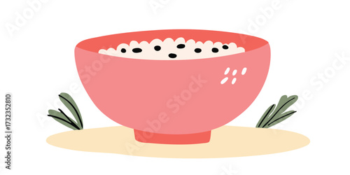 A charming illustration depicts a vibrant bowl of rice, capturing simplicity and visual appeal.