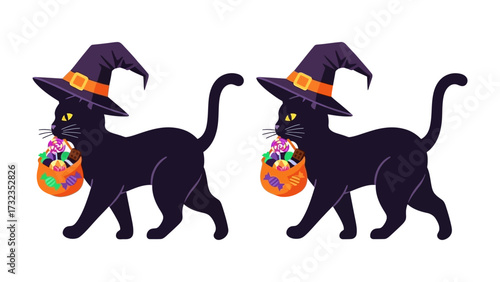 Whimsical Halloween Feline: Two sleek black cat, adorned in pointed hats and carrying candy-filled baskets, evoke the playful spirit of Halloween with a touch of magic.