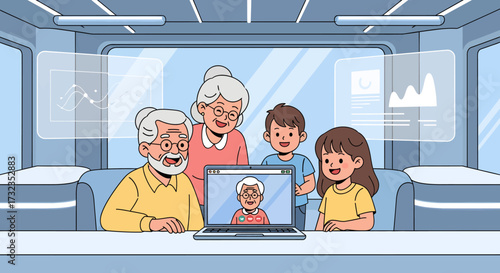 Family video calling with elderly relative on a laptop, with children and grandparents gathered around.