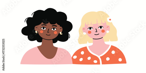 A heartwarming illustration captures the essence of female friendship, featuring two diverse woman, standing side-by-side. Their smiles radiate positivity and mutual affection.