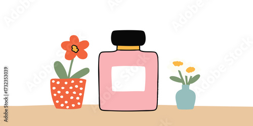 A close-up of an elegant perfume bottle and colorful flowers in a minimalistic, artful arrangement. Showcasing fragrance and botanical elements with a focus on design and aesthetics.