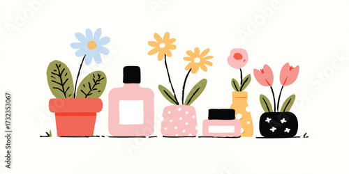 An artistic arrangement of vibrant flowers and cosmetic products creates a visually appealing display, with delicate floral accents and a touch of natural beauty.