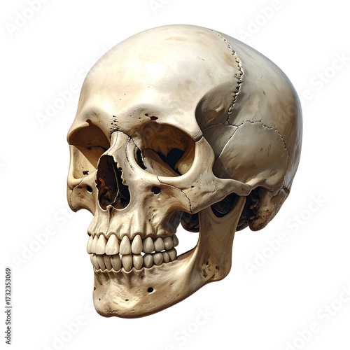 Human Skull Anatomy Model, Three-Quarter View, Transparent PNG