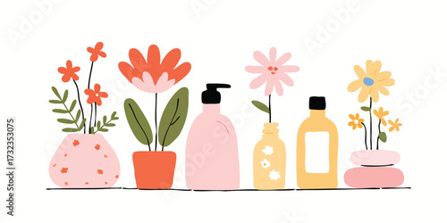 A cheerful floral display, showcasing a variety of vibrant blossoms and elegantly designed containers, creates an inviting, refreshing scene.