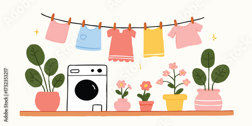 Clean laundry dances in the sun with the bloom, surrounded by cheerful blooms, capturing the simple joys of home, celebrating cleanliness and vibrant color.